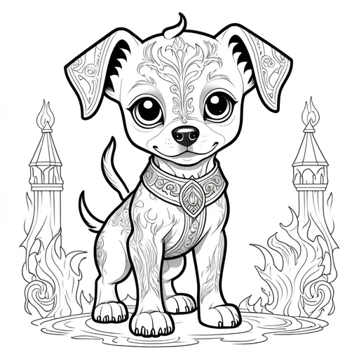 Prompt: B&W adult coloring book page, big soulful eyed cute mystical medieval fiery  puppy, standing on two feet, moderate detail, line art, solid white background