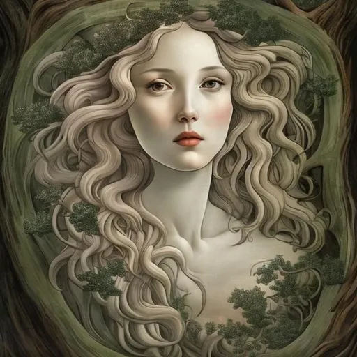 Prompt: A beautiful ghost woman inside a tree, style of Sandro Botticelli
