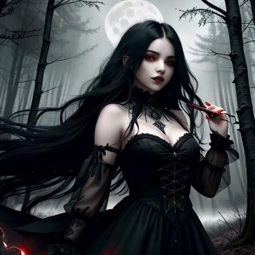 Prompt: gothic fantasy, close-up portrait, gloomy forest lake, laughing girl with a dagger in her hand, in a long black gothic dress, long hair flowing in the wind, large reflective red eyes, fierce look, well dressed, wandering lights, wind, lightning, moonlight, ominous red moon, surreal, symmetrical, intricate details, high detail, alcohol ink, Anne Stokes