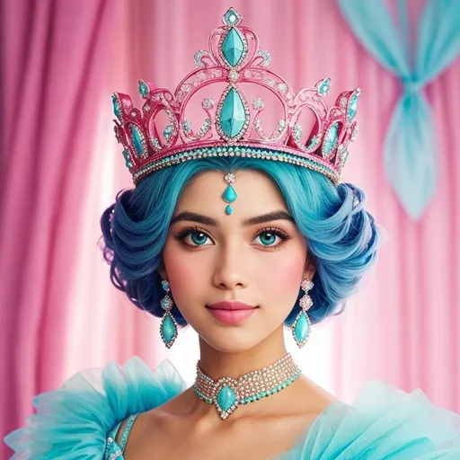 Prompt: princess wearing tiara, pink and turquoise color scheme, facial closeup