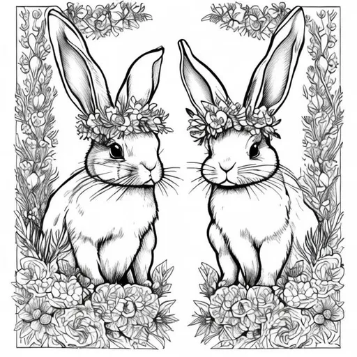 Prompt: 2 bunnies wearing flower crowns looking at each other done in the form of a coloring page