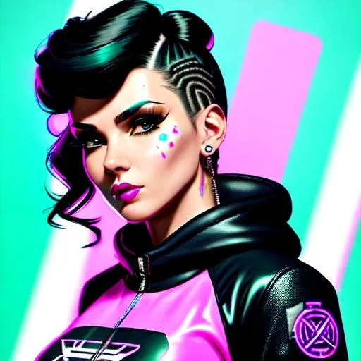 Prompt: lady assassin wearing cyberpunk streetwear, clear wide perfect eyes, facial tattoos, face tattoos, hit link and black hair, black hair, short 1940's retro waves hairstyle, Rachel from bladerunner, hit pink backdrop, cybernetic arms, detailed full body length photo, 8 k, vivid colours, concept art by wlop, ilya kuvshinov, artgerm, krenz cushart, greg rutkowski, pixiv. cinematic dramatic atmosphere, sharp focus, hit pink lighting, hyper detailed, full body length shot