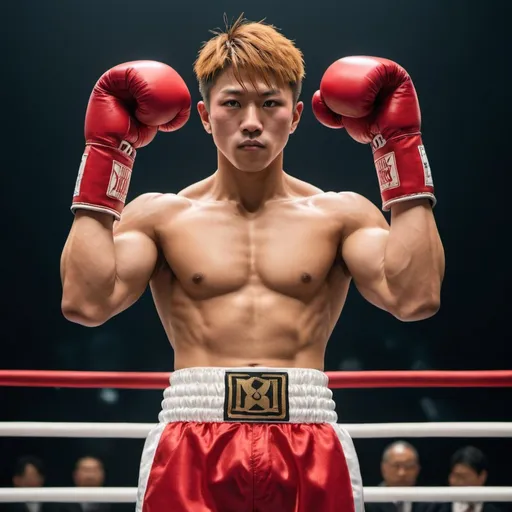 Prompt: "Imagine a Japanese boxer named Hiroto, resembling Naoya Inoue, with a very muscular physique and determined gaze. He is wearing a pair of thick, red and extra big boxing gloves in a boxing ring. His choice of attire includes red satin trunks, adding a touch of elegance to his powerful presence. He is confident and raised up his strong arms to flex his miscles, showcasing his readiness to dominate the ring with his skills and determination."