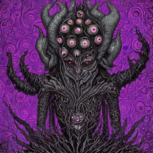 Prompt: "A creepy monster, captured in a psychedelic and dreamlike style. The monster is covered in weird and otherworldly patterns, with strange and unsettling features. The monster has a sense of inner darkness and evil, with eyes that seem to pierce through the viewer. The background is filled with strange and eerie patterns, which suggest a sense of otherwordly weirdness. The monster is not only scary but also unsettling and bizarre, capturing the essence of psychedelic art through its intense and intricate design. The monster is a symbol of inner fears and darkness, representing the challenges and obstacles that we must overcome in order to find our inner light."