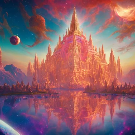 Prompt: A breath taking view of The temple of the spirit realm floating in the sunny sky surrounded by pink and gold cosmic space dust fantasy 100k realistic beautiful dream colourful multi colourful 