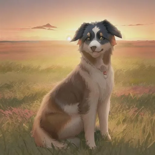 Prompt: A Beautiful Australian Shepard Sitting On A Vast meadow with  emphasis on the yellows and a beautiful sunset behind with vibrant pinks and oranges