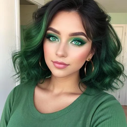 Prompt: A woman all in green, green eyes, pretty makeup