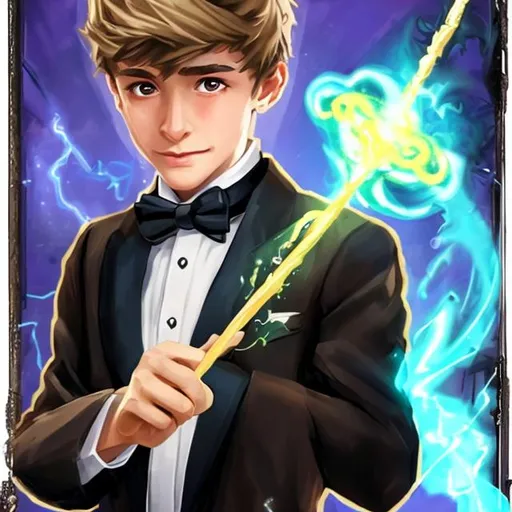 Prompt: Three 13-15 year old magic boy in a tuxedo casting magic spells  with a magic wand