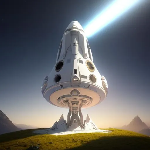 Prompt: artsy white space ship w a beam in a top of a hill,  render, realistic,  landscape, with a halo", glowing, silky, furry, backlit, warm tones, night-sky, moss, indigo, cream, coral, bone-white, ornate, dynamic, particulate, intricate, elegant, highly detailed, airbrush, volumetric lighting, occlusion, smooth, sharp focus, 128K UHD octane render, w more detail, ultra realistic, insane detail, cinematic