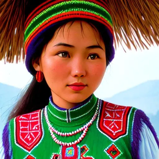 Prompt: A beautiful Hmong woman (20s), wearing traditional Hmong clothing, colorful intricate ornate detailed. Beautiful face, face like LiBingBing. Photorealistic, realistic, realism. In the style of Steve McCurry. Kodachrome 64 film using a Nikon FM2 and Nikon 105mm F2.5 AI-S lens.