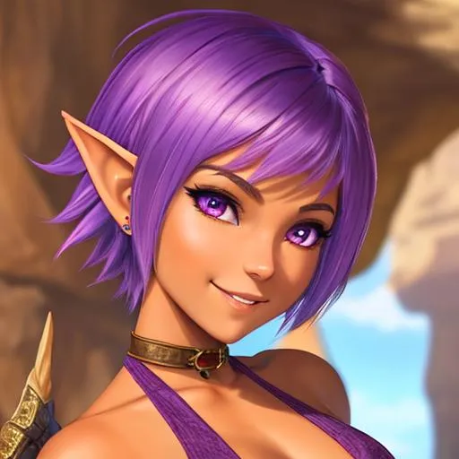 Prompt: oil painting, D&D fantasy, tanned-skinned-gnome girl, tanned-skinned-female, slender, beautiful, short bright purple hair, long pixie cut hair, smiling, pointed ears, looking at the viewer, Ranger wearing intricate adventurer outfit, #3238, UHD, hd , 8k eyes, detailed face, big anime dreamy eyes, 8k eyes, intricate details, insanely detailed, masterpiece, cinematic lighting, 8k, complementary colors, golden ratio, octane render, volumetric lighting, unreal 5, artwork, concept art, cover, top model, light on hair colorful glamourous hyperdetailed medieval city background, intricate hyperdetailed breathtaking colorful glamorous scenic view landscape, ultra-fine details, hyper-focused, deep colors, dramatic lighting, ambient lighting god rays, flowers, garden | by sakimi chan, artgerm, wlop, pixiv, tumblr, instagram, deviantart