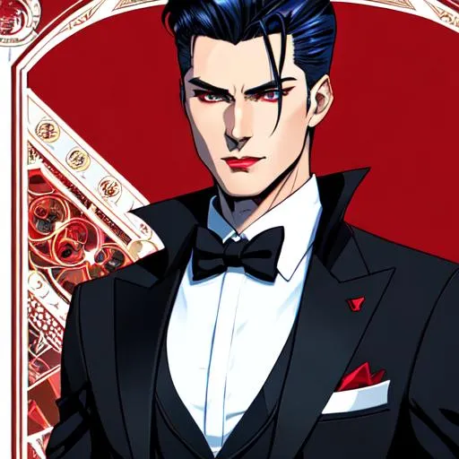 Prompt: High detailed, digital art style, comic book style, anime style, full body view, male character, mafia, sharp jawline, modern world, classy fashion, immortal vampire butler, short black sleek long hair, male, undercut, pale face, ruby red eyes, slight smile, curled lips, by greg rutkowski and alphonse mucha, sharp focus, blue scale, Photorealistic, sharp focus, highres, Hires correction, noir stylings, Mdjrny-v4 Style, strong.