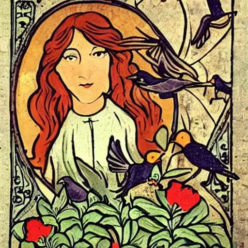 Prompt: auburn haired woman planting flowers with blackbirds medieval art  nouveau