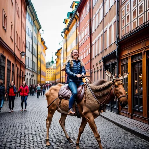 Prompt: Summer, Stockholm gamla stan, Swedish girl riding moose back like a horse, in central Stockholm summer time, people looking satisfied with riding a moose, 8k, ultra wide angle, aerial photography, highly detailed, hdr, hyper realism, hyperrealistic, octane render, photorealistism, realistic, street photography, nerd outfit, creepy, urbancore, cinematic lighting --ar 1:1 --upbeta --q 3