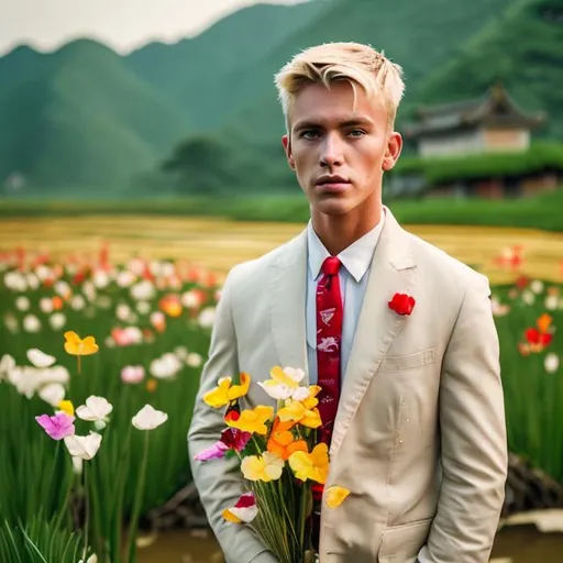 Prompt: a blond guy with a little scar over his right eye standing with a small pack of flowers in all coloers in a ricefield in china with nice but used suit with a opened tie with few red yellow butterflies flying around in the distance 
