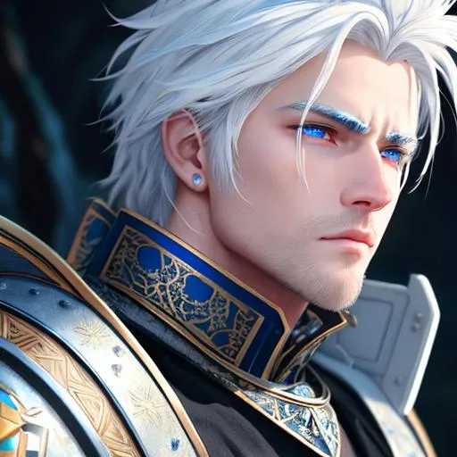 Prompt: Oil painting, fantasy, male, perfect rugged face, white hair and white fur, and sad and vibrant blue eyes | Fighting stance warrior wearing complex holy plate armor broken love #3238, Ultra HD, High Definition, 8k Eyes , detailed face, big anime dreamy eyes, 8k eyes, intricate detail, very detailed, masterpiece, film lighting, 8k, complementary colors, golden ratio, octane rendering, volumetric lighting, unreal 5, artwork, concept Art, Cover, Top Model, Lights in Hair Colorful Fascinating Ultra Detailed Medieval City Background, Intricate Ultra Detailed Breathtaking Colorful Fascinating Scenery, Ultra Fine Detail, Hyper Focus, Dark Colors, Dramatic Lighting, Ambient Lighting, God Light , flowers, garden