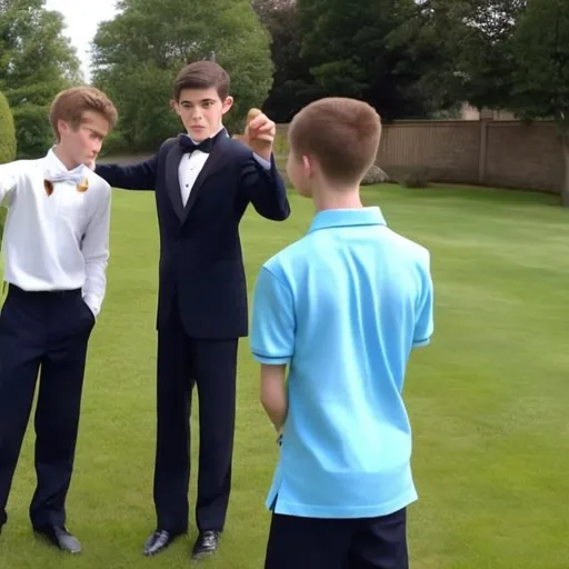 Prompt: 16 year old boy in a tuxedo pointing at a 13 year old boy in a blue polo