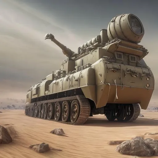 Prompt: desert, tracked vehicle, land ship, train, army tank, cranes, tank cannons