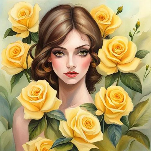 Prompt: Painted lady with yellow roses