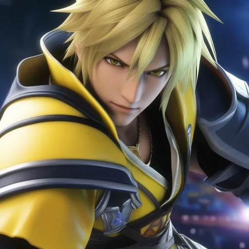 Prompt: Ultra Realistic, a close-up shot of Tidus from Final Fantasy X videogame, stands in the Blitzball arena, while take off on the ground. Tidus has disheveled blond hair boy boy with spiky layers and wear regular blitzball player's outfit yellow and black shoes, a gauntlet on his left hand and a black glove on the other, a yellow jacket with a white hood, and a blue pauldron and armor over his left arm. The background is a stormy sky, in Steampunk City with more peoples. He is looking out at the ocean ball in the arena with a determined expression. The painting is featured on ArtStation in 8K resolution, neon color, steampunk, futuristic, mechanic, fantasy, trending on artstaion, by greg rutkowski,  8k