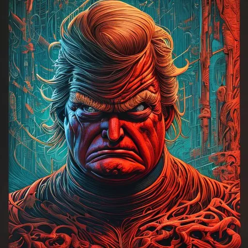 Prompt: "donald trump as arseface, horror, high details, intricate details, by vincent di fate, artgerm julie bell beeple, 1 9 8 0 s, inking, vintage 8 0 s print, screen print"