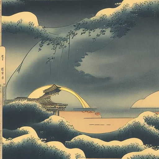 Prompt: 2d moody dark ocean storm while looking out from shore ukiyo-e with boat and yellow lights across pier
