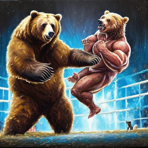 Prompt: (realistic photo, professional phot, oil painting) A bear and a giant cat in a WWE wrestling match with gore