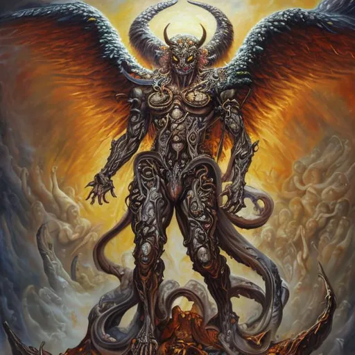 Prompt: Oil painting of a demon and angel combined into a massive bell angel full body super detailed