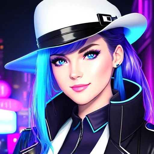 Prompt: 4K, 16K, picture quality, high quality, highly detailed, hyper-realism, mysterious female undercover agent, big blue anime eyes, smirking smile, fedora, fedora, Choker, dark blue long trench coat, leather gloves, white t-shirt, military boots, cyberpunk style, dark purple ponytail hair with blue highlights, neon lights, dark alley background