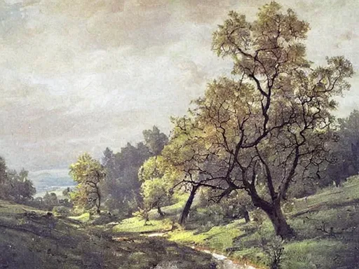 Prompt: masterpiece painting of oak trees on a hillside overlooking a creek, by Aleksy Savrasov