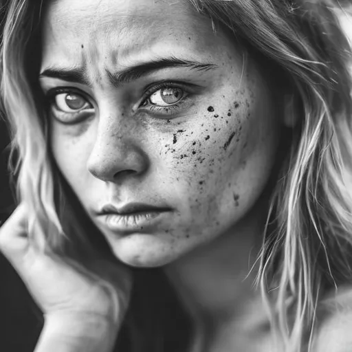 Prompt: Womans face in black and white portrait but her eyes in color close up shot with sadness in eyes