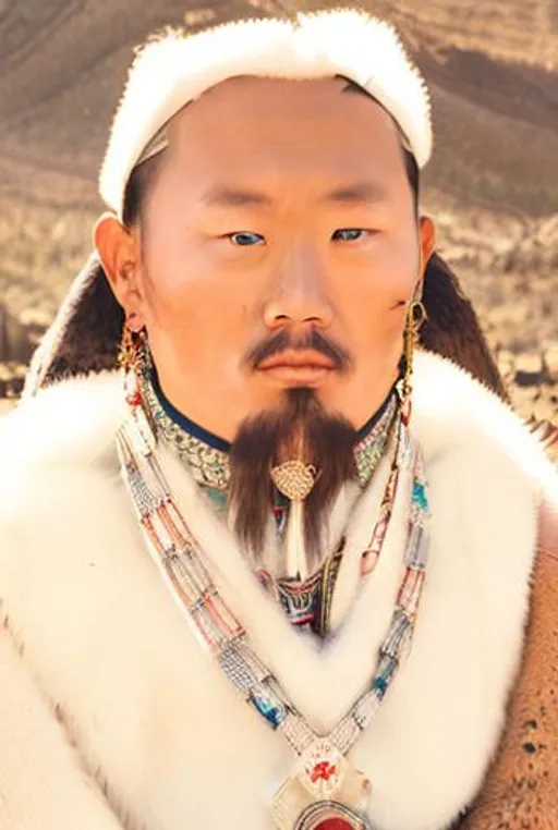 Prompt: Realistic Photo of Genghis Khan seen in Modern day Mongolia.