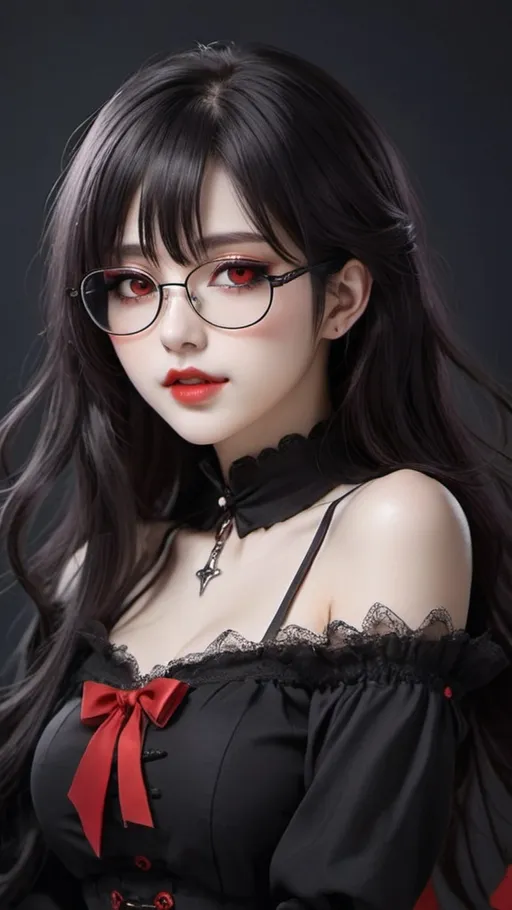 Prompt: Vampire anime korean kpop girl idol with red eyes, showing her vampire fangs with shoulder-length dark hair and glasses, i can't believe how beautiful this is cosplaygirl, in the style of light silver and dark black, cottagecore, feminine body, kawacy,  silver and black, cg anime style