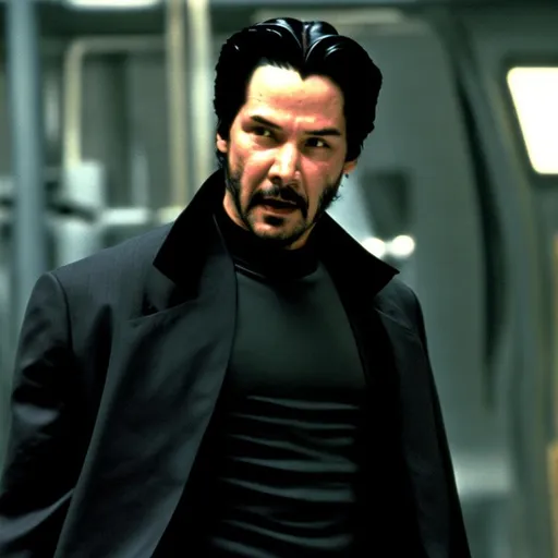 Prompt: Neo from the Matrix with a thick mustache played by age 35 keanu Reeves with a thick Mustache.