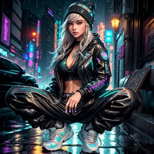 Prompt: ((best quality)), ((masterpiece)), intricately detailed, cyberpunk, futuristic city, night city, neon, 1girl, rain, puddles, portrait, sweatpants, open jacket, beanie, white sneakers, hands in pockets, cowboy shot