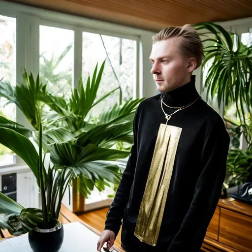 Prompt: Norwegian DJ in a black turtle neck and gold necklace. Danish modern house with tropical plants.