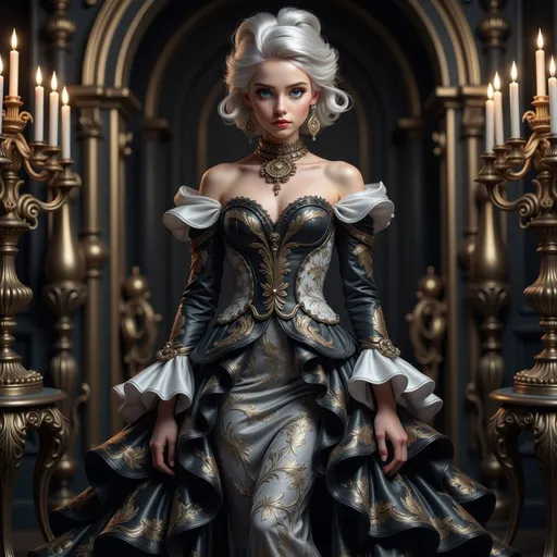 Prompt: In a lavish, dimly lit interior marked by opulent gold accents, a striking figure stands confidently, draped in an elaborate gown that fuses elegance with a Gothic flair. The model, adorned with platinum blonde hair styled in soft, voluminous curls, exudes a dramatic aura accentuated by her porcelain skin and bold makeup, featuring dark lips and intense eye makeup. Her gown, characterized by intricate gold embroidery on a fitted black bodice, flares into a lavish skirt with cascading ruffles, seamlessly blending black and white tones that enhance the baroque atmosphere of the setting. Tall candelabra flicker with warm light, casting enchanting shadows that add depth to the scene, emphasizing both the richness of the attire and the model's poised elegance. The overall composition elicits a sense of regal mystery, beckoning the viewer into a world where grandeur and allure intertwine.