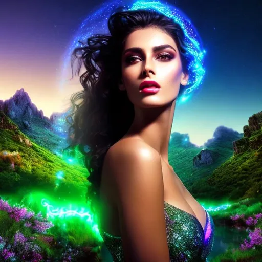 Prompt: HD 4k 3D 8k professional modeling photo hyper realistic beautiful woman ethereal greek goddess of the memory
black hair light eyes gorgeous face black skin white and green shimmering dress jewelry and crown full body surrounded by magical glowing light hd landscape background mountains and river 