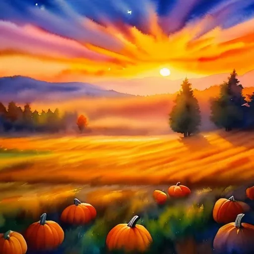 Prompt: (masterpiece, best quality:1.2), A watercolor painting/oil painting. Beautiful space, A spooky pumpkin in a pumpkin patch during a golden sunrise over a green field on a misty morning. (sharp detailed) (cinematic shot)