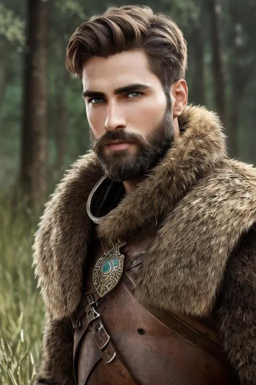 Prompt: male warrior in hide, very handsome face, short hair, short beard, perfect composition, photo realistic, super detailed, high quality, sharp focus, studio photo, intricate details, highly detailed