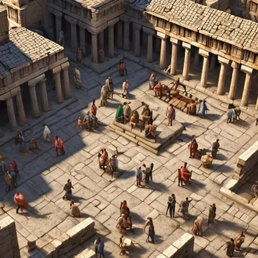 Prompt: Generate an image of a bustling ancient Greek courtyard with people gathered around an open-air discussion area. The sun is shining, casting a warm glow on the scene. Show a young man named Leon standing at the back, eagerly watching the dialogue unfold.