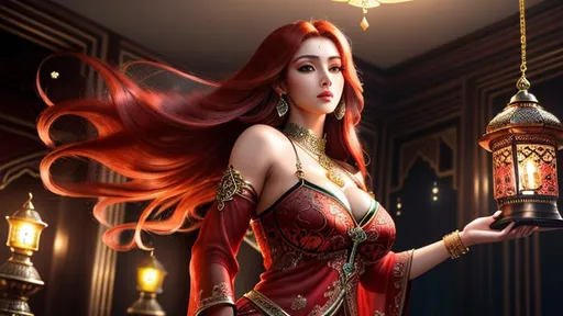 Prompt: Professional photo realistic image of a beautiful perfect woman, perfectly detailed face, absolute proportions, amazing body, intricate hyper detailed red hair, intricate hyper detailed eyelashes, intricate hyper detailed shiny skin, full body visible, lean feminine body, trapped and living inside a jinn's oil lamp,

HDR, UHD, high res, 64k, cinematic lighting, special effects, hd octane render, professional artist, studio lighting,

by Artstation illustrators, by DevianArt illustrators, intricate details, face,  full body portrait, headshot, illustration, UHD, 4K