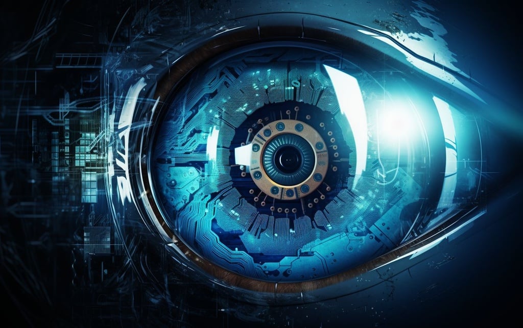 Prompt: eye lens by astrid jacobas, stock vector 51437, in the style of high-tech futurism, realistic still lifes with dramatic lighting, light blue and white, the düsseldorf school of photography, cybersteampunk, security camera, national geographic photo