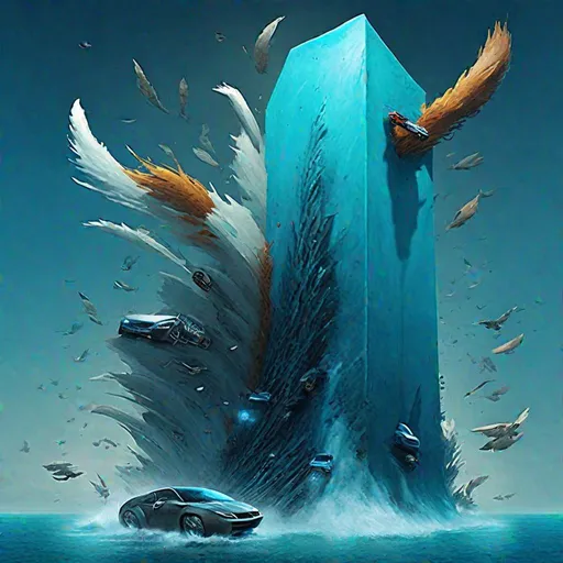 Prompt: Giant Monolith in the middle of the sea, cars, foxes, feathers, power efficient, Azure Ala, Alan wan, Kyle Hill