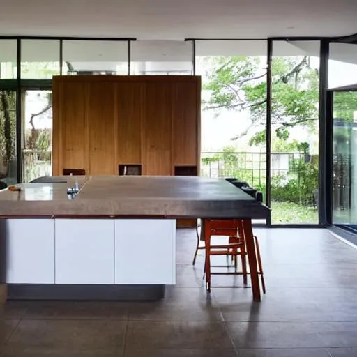 Prompt: brutalist architecture kitchen with an Island. with lots of natural light