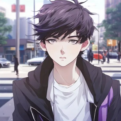 Prompt: an photorealistic elegant anime boy sitting in a bus stop in a futuristic town. there is a skyscraper behind the bus stop and it is very crowded. The man is young, about 16 years. he has white fluffy short hair that covers half of his eyes. the city is mainly white with a purple undertone. 