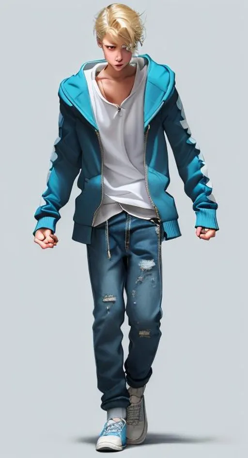 Prompt: Beautiful 13 year old blonde boy kid Cole Sprouse boyish soft boy pretty boy sweet endearing tender adorable boy freckles robust pronounced eyelashes bluegreen eyes, art, artstation, concept art, open zipper darkblue hoodie, white tanktop blue jeans, punk skater clothes, white background, red sneakers