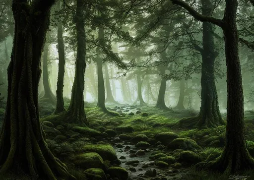 Prompt: Looking through the branches in the woods in a dense and dark forest, fantasy art, highly detailed, 8k, Keith Parkinson