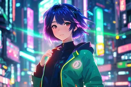 Prompt: Anime girl, Electricity Oozing off her, Short hair, Green Hair, Electricity Illuminating her, 2D Character, Full Body shot, Complicated Lighting, Ghibli Artstyle, Cyberpunk City in the background 