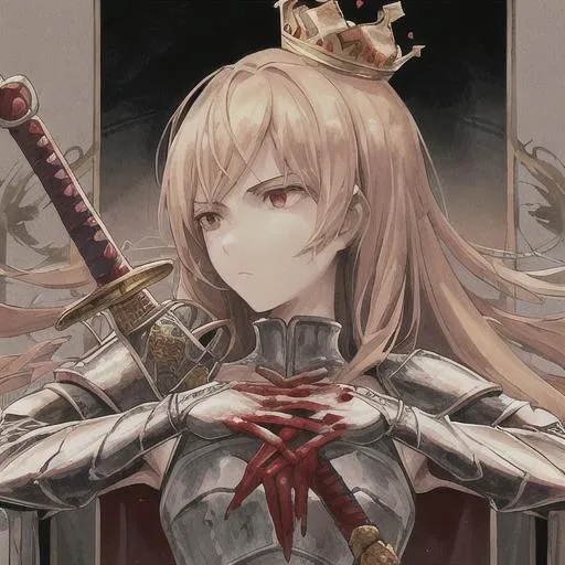 Queen, crown, sword, armor, blood